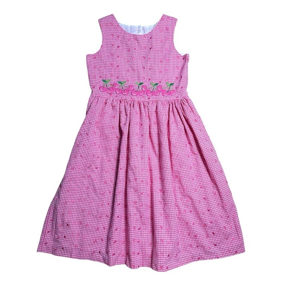 Rare Editions Pink Gingham Cherry Print Casual Midi Dress Girls 8/10 - Picture 1 of 7